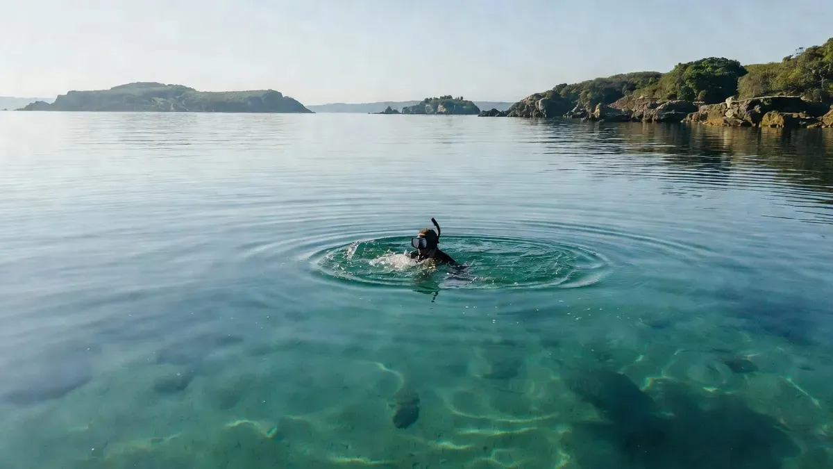 Crystal-clear Pacific water at Las Gatas Beach in Zihuatanejo during the dry season, with calm visibility and a snorkeler visible below the surface exploring the historic seawall reef