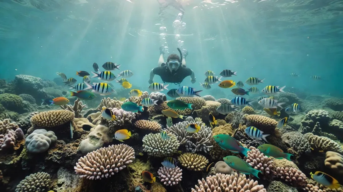 Snorkeler hovering above vivid live coral at Coral Beach on Ixtapa Island Mexico, surrounded by parrotfish and tropical fish on a guided snorkel tour from Zihuatanejo