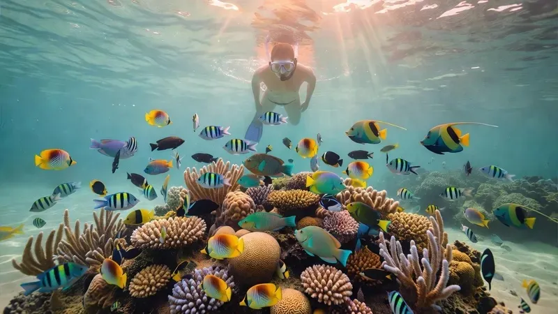 Snorkelers swimming in crystal-clear turquoise water at Ixtapa Island on a guided snorkel trip from Zihuatanejo Mexico