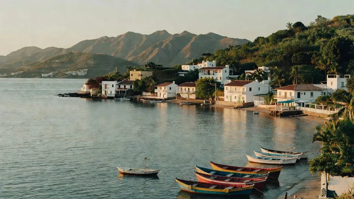 The calm turquoise waters of Zihuatanejo Bay at sunrise — the sheltered Pacific harbor ringed by the fishing village and Sierra Madre mountains, one of Mexico's most beautiful snorkeling destinations on the Pacific coast